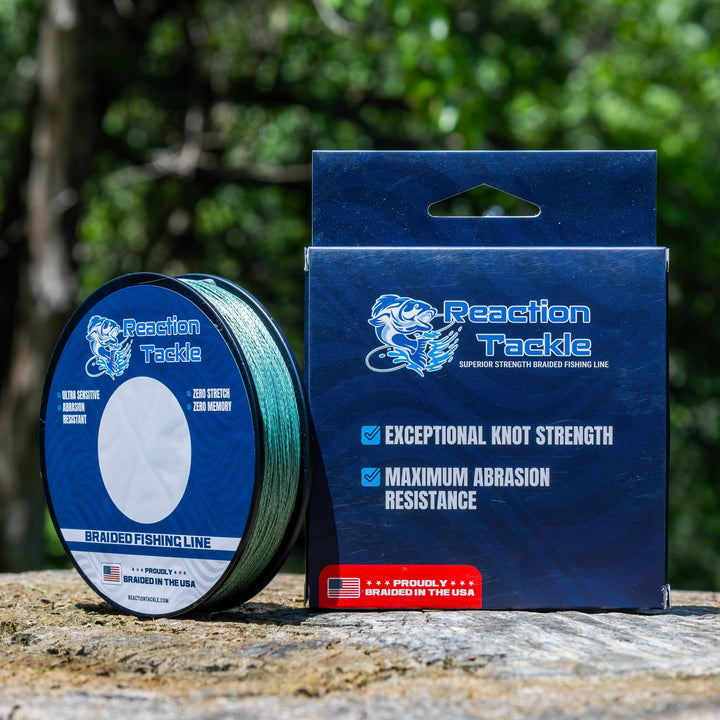 Reaction Tackle braided fishing line, USA-made, shown coiled with close-up detail of the durable braided texture.