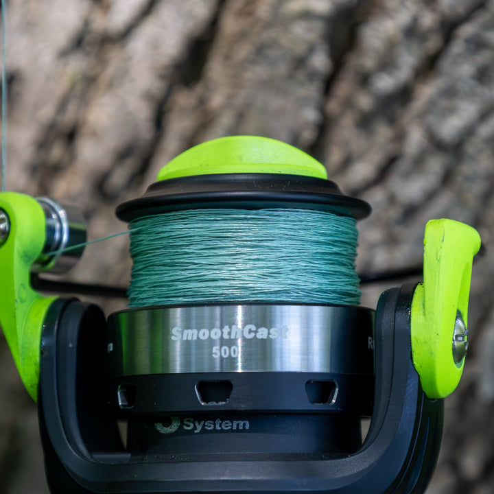 Reaction Tackle braided USA fishing line, four-strand durable braided fishing line with spool and label visible