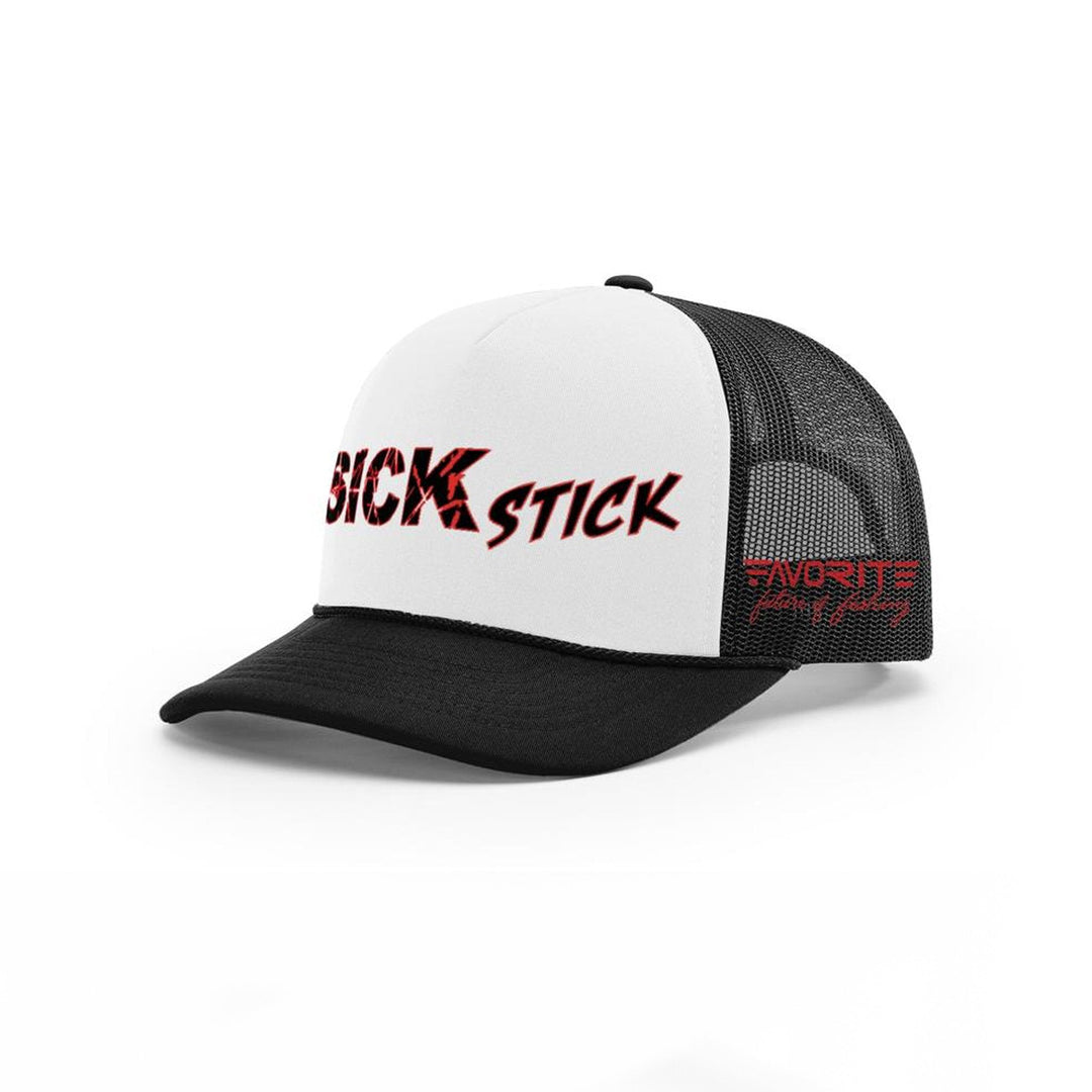 Favorite Fishing Sick Stick Trucker Hat with mesh back and embroidered logo, casual outdoor apparel accessory.
