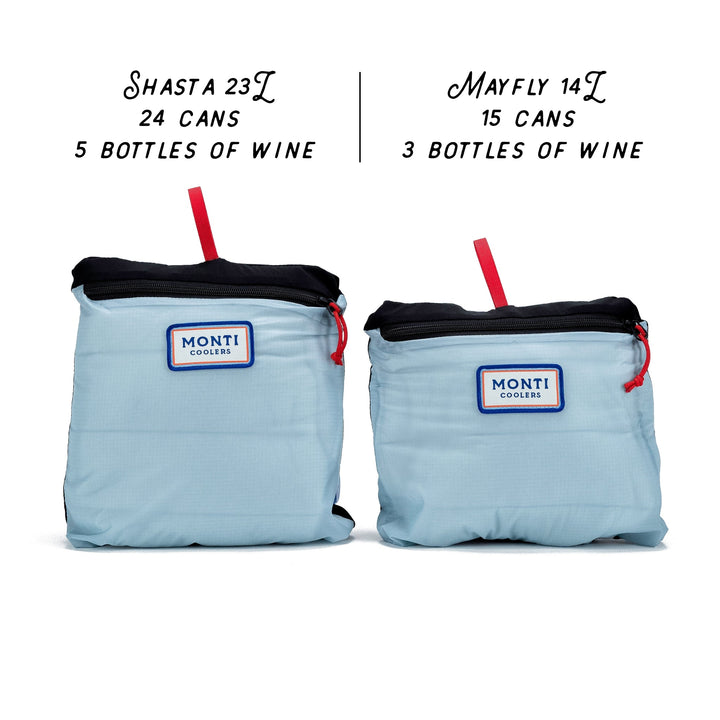Blue Monti Coolers Mayfly 14L cooler with size comparison stuff sack, compact and portable outdoor cooling solution.