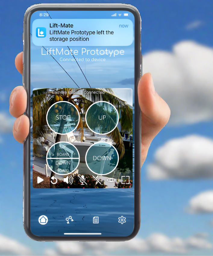 Screenshot of the Lift Mate Smart Boat Lift Controller Kit app interface showing storage and positioning options.