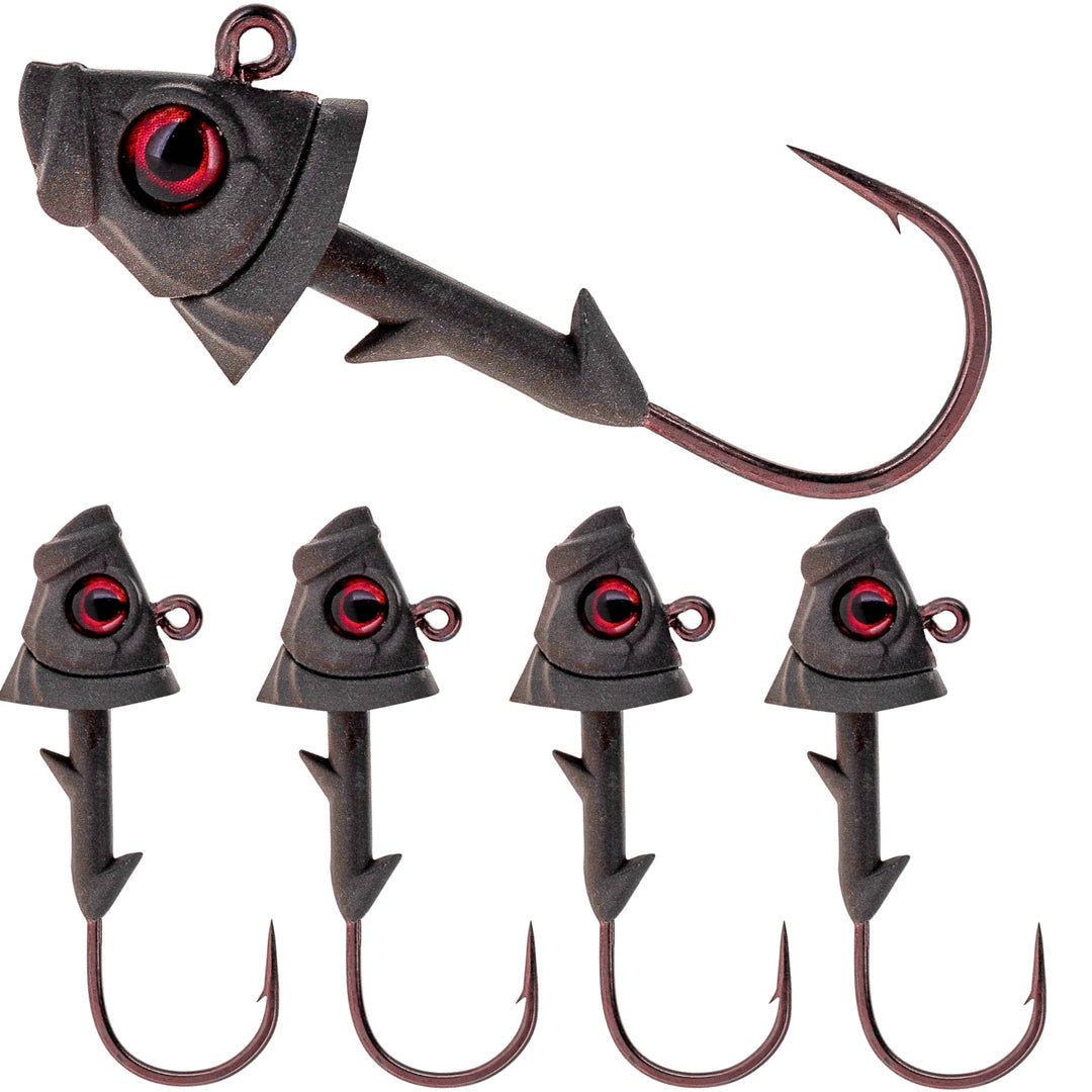 Reaction Tackle 97% pure tungsten swimbait jig with realistic fish head, 5-pack, designed for fishing lures and tackle.