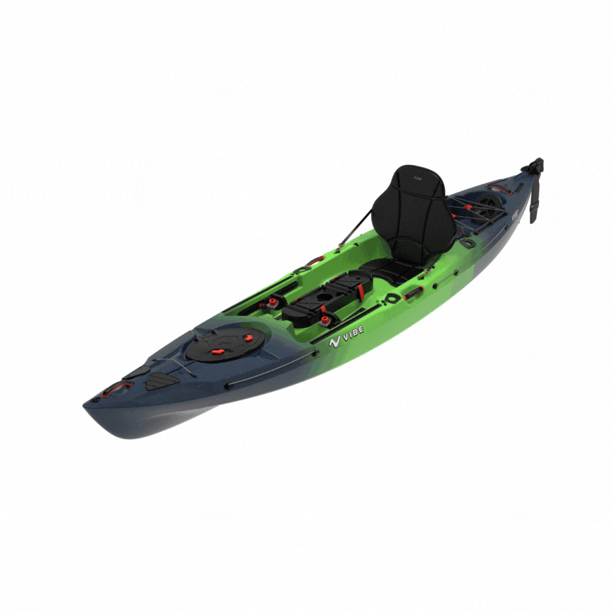 Vibe Hydra 130 kayak by Vibe Kayaks, featuring a sleek design with adjustable seating and storage compartments, suitable for paddling.