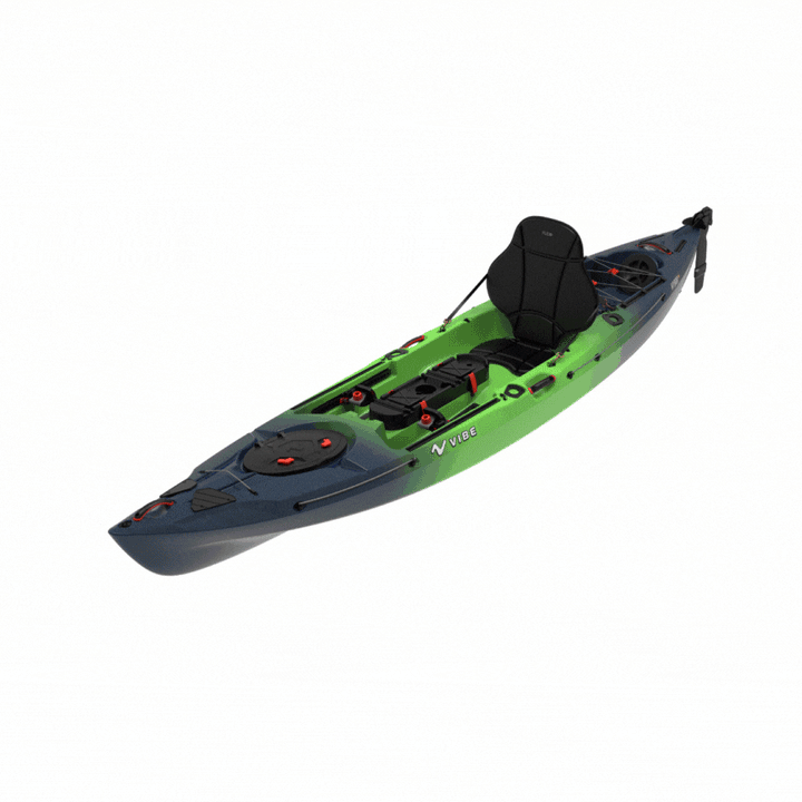 Vibe Hydra 130 kayak by Vibe Kayaks, featuring a sleek design with adjustable seating and storage compartments, suitable for paddling.