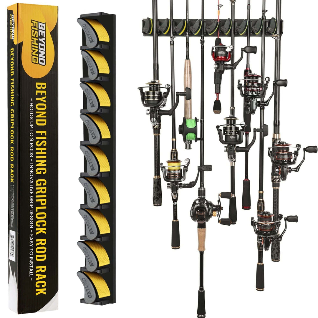 Beyond Braid GripLock vertical fishing rod rack holding multiple fishing rods in a garage setting.