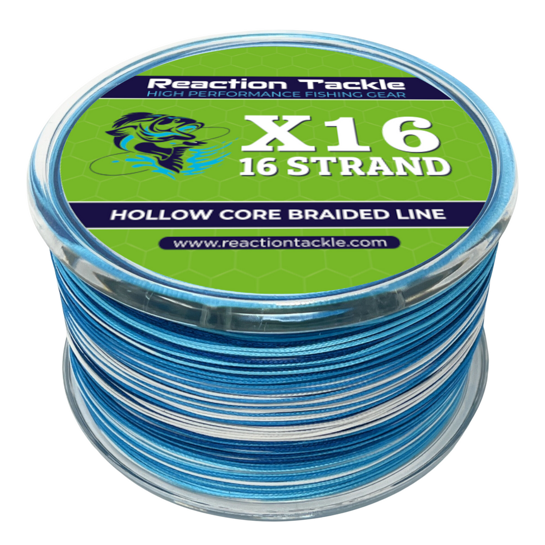 Blue camo Reaction Tackle Hollow Core 16 Strand Braided Fishing Line, close-up of the durable braided fishing line.
