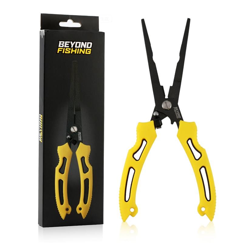 Yellow long-nose fishing pliers from Beyond Braid QuickRig Multifunction Fishing Pliers set, featuring ergonomic handles and sharp cutting edges.