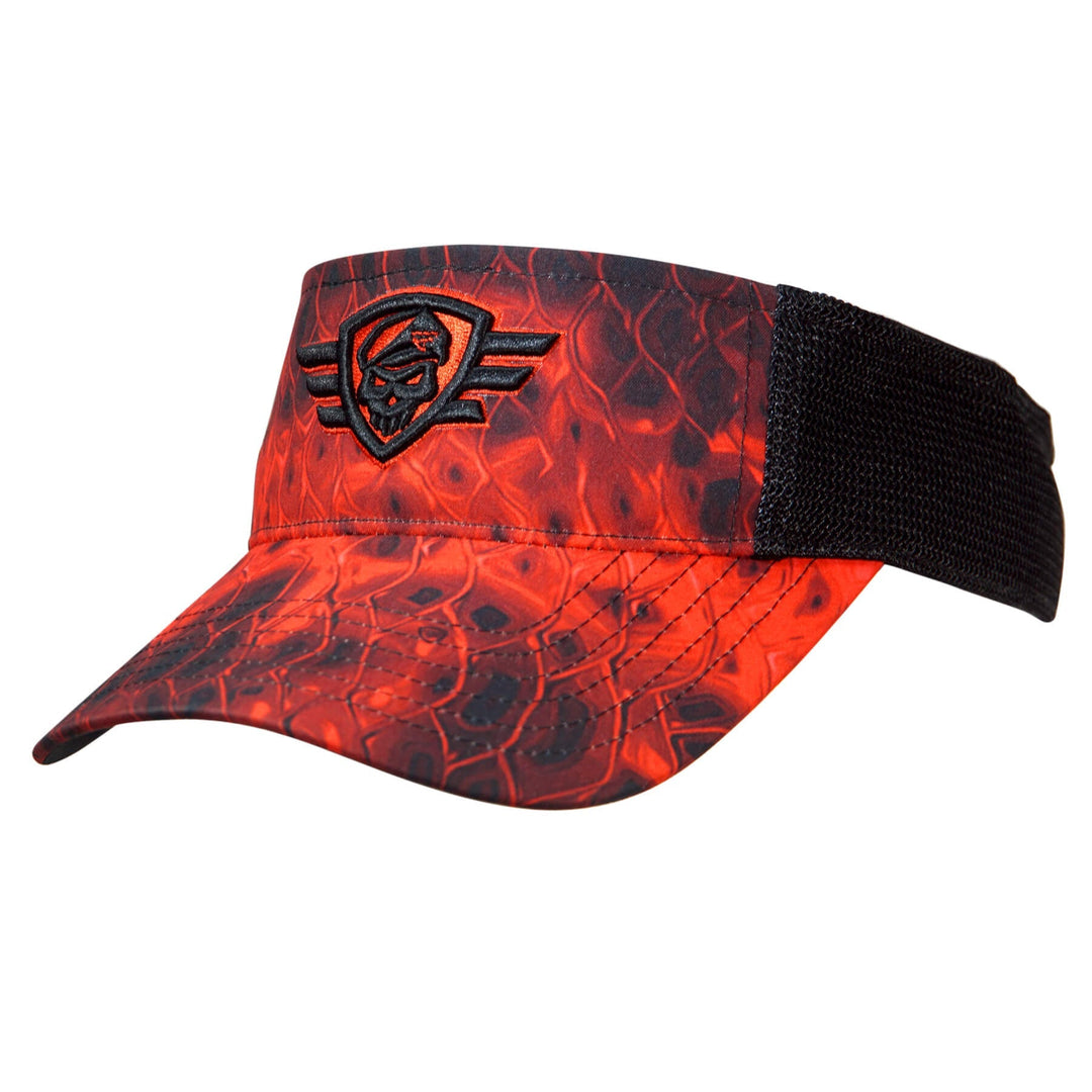 Favorite Fishing army red scales visor hat with a curved brim and adjustable strap, featuring a bold red and scale pattern design.