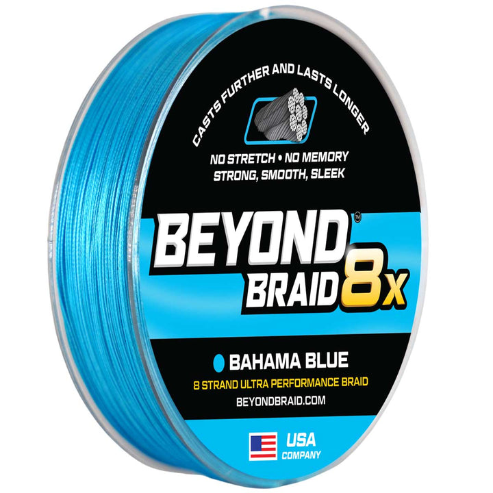 Small spool of Beyond Braid Bahama Blue 8X Ultra Performance 8 Strand fishing line with vibrant blue color.