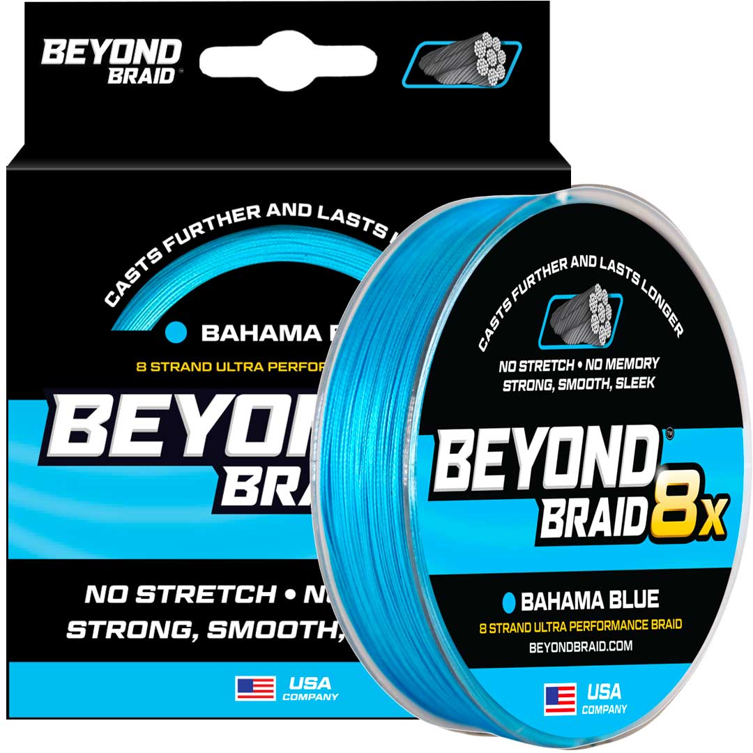 Beyond Braid Bahama Blue 8X Ultra Performance 8 Strand rope, vibrant blue color and tightly woven strands for strong durability.