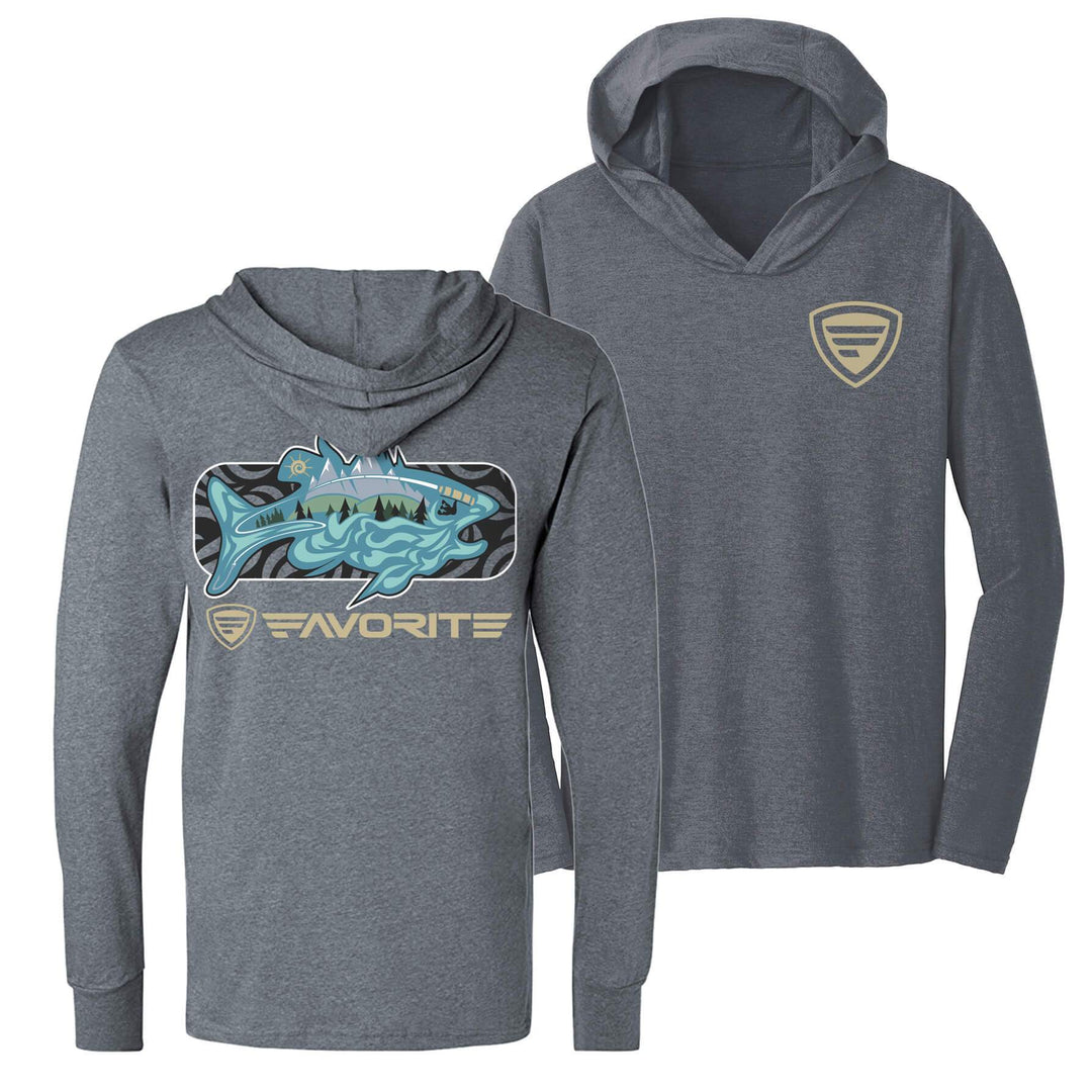Favorite Fishing Simmer Tri-Blend Hoodie showing the back with bass graphic, casual apparel for outdoor and fishing enthusiasts.