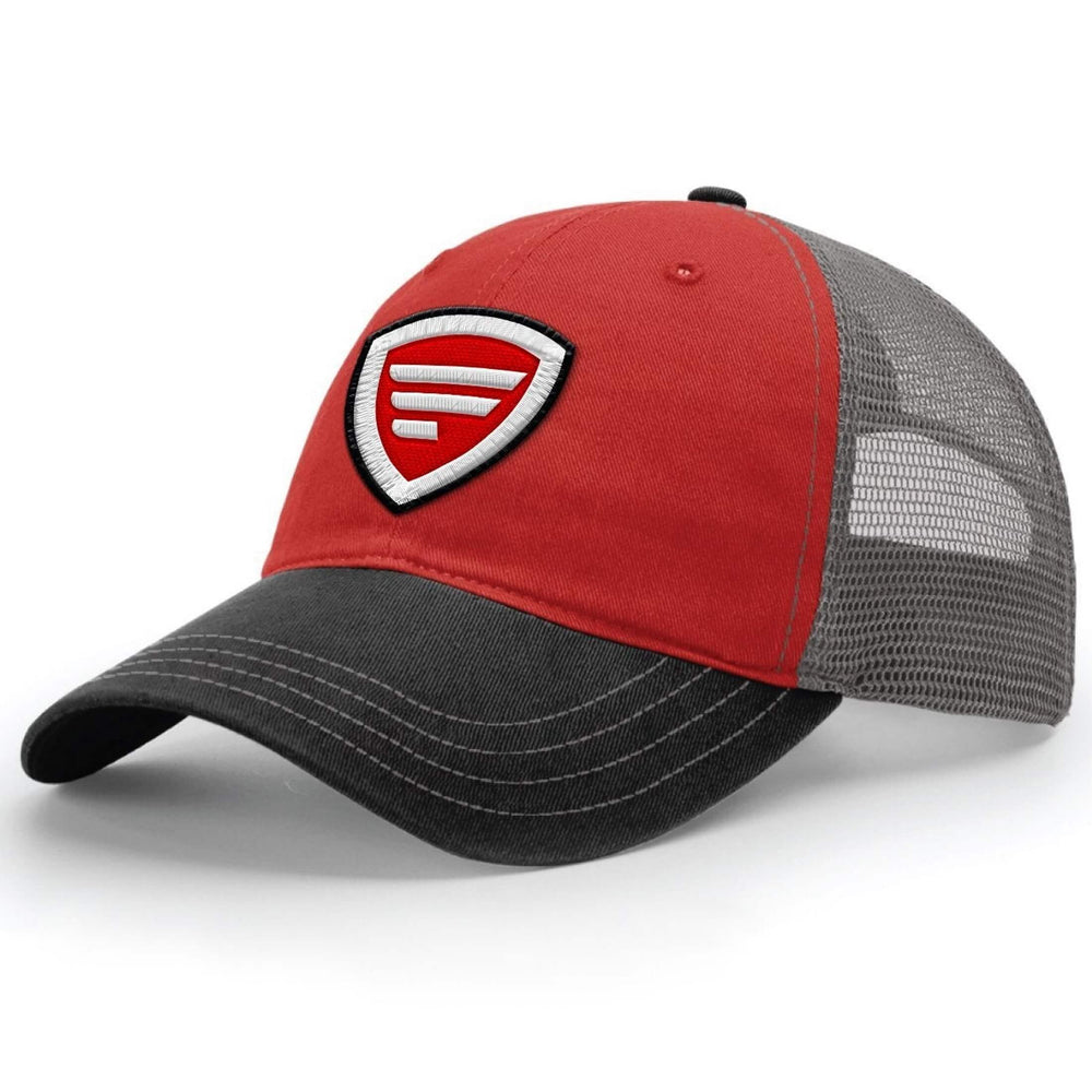Red Favorite Fishing Benchmark Hat with adjustable strap and embroidered logo, designed for outdoor and fishing enthusiasts.