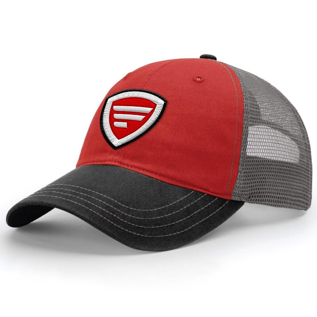 Red Favorite Fishing Benchmark Hat with adjustable strap and embroidered logo, designed for outdoor and fishing enthusiasts.