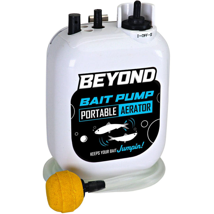 Portable Beyond Bait Pump live bait aerator by Beyond Braid, compact device for oxygenating bait during fishing trips.