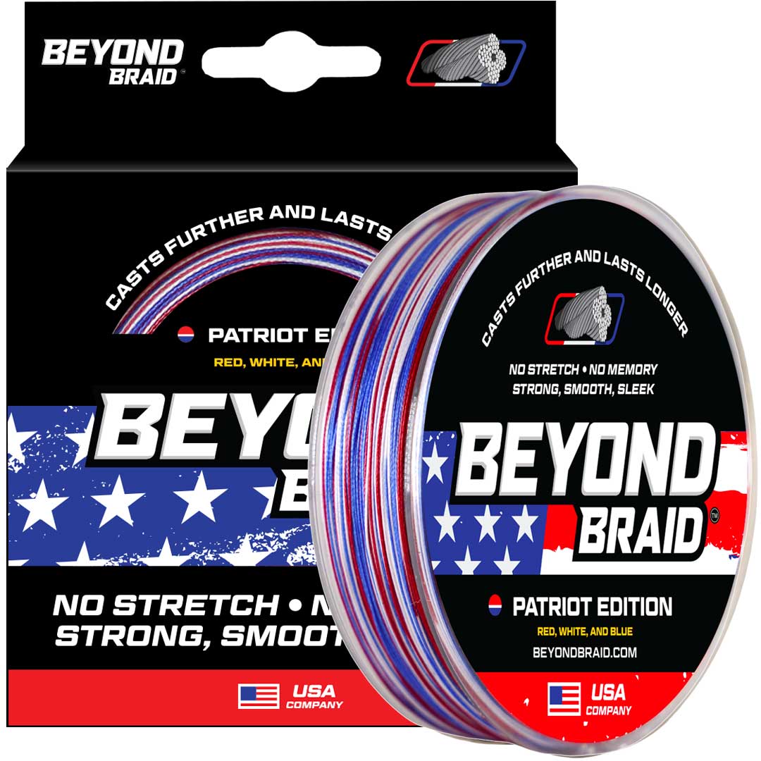 Beyond Braid Patriot Edition fishing line in red, white, and blue, 300 yards, 10 lb test for versatile outdoor use.