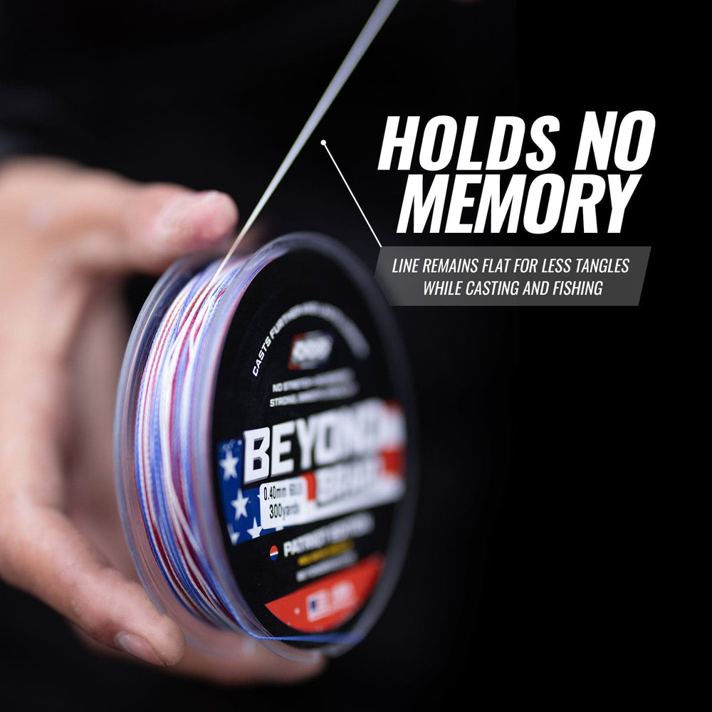 Beyond Braid Patriot Edition fishing line in red, white, and blue, 300 yards, 10lb strength, designed for durable fishing.