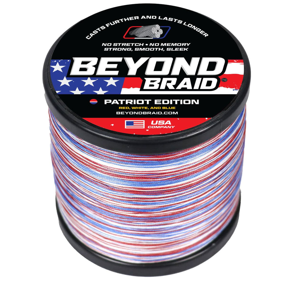 Beyond Braid Patriot Edition fishing line in red, white, and blue, 300 yards, 10lb test, designed for durable fishing performance.