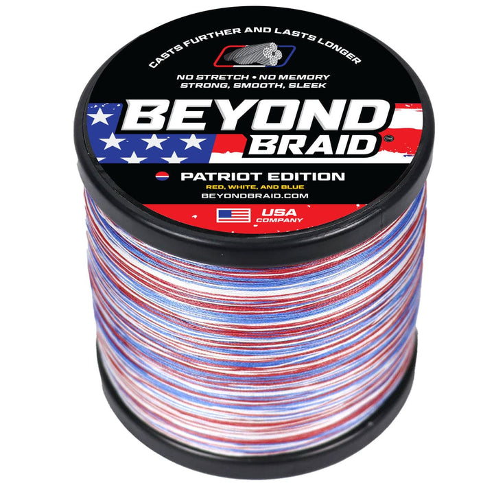 Beyond Braid Patriot Edition fishing line in red, white, and blue, 300 yards, 10lb test, designed for durable fishing performance.