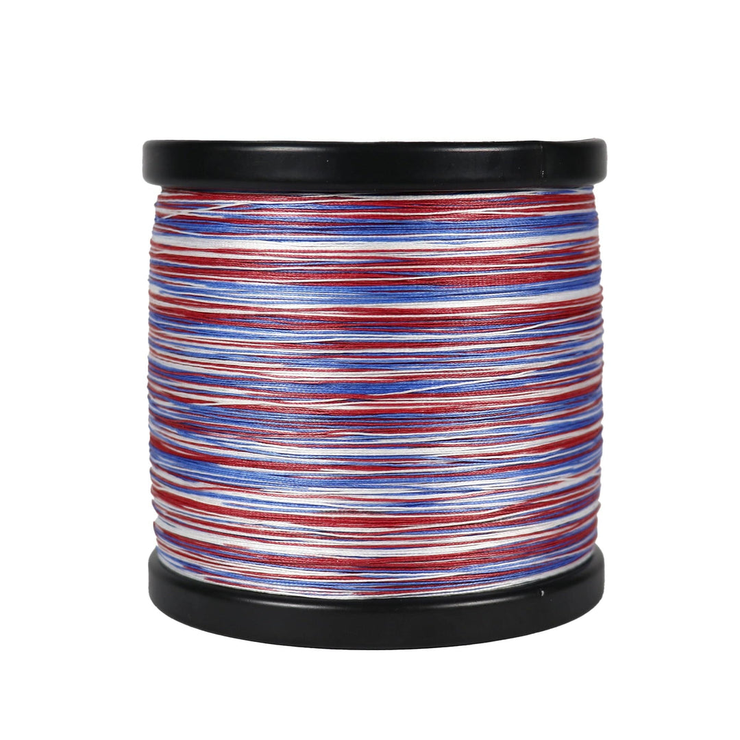 Beyond Braid Patriot Edition fishing line in red, white, and blue, 300 yards, 10lb test, showcasing the colorful braided line.