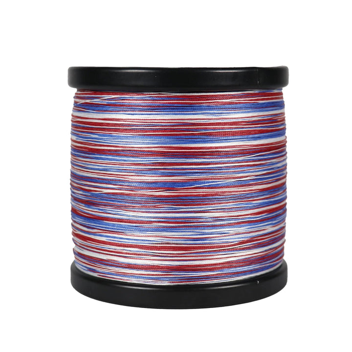 Beyond Braid Patriot Edition fishing line in red, white, and blue, 300 yards, 10lb test, showcasing the colorful braided line.