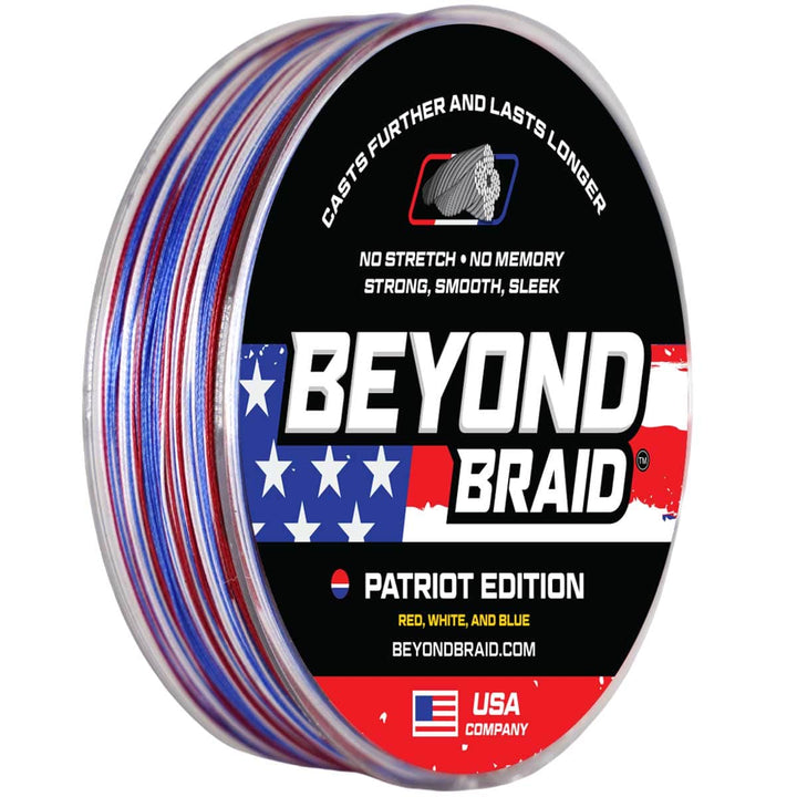Beyond Braid Patriot Edition fishing line in red, white, and blue, 300 yards, 10lb strength, designed for outdoor fishing adventures.