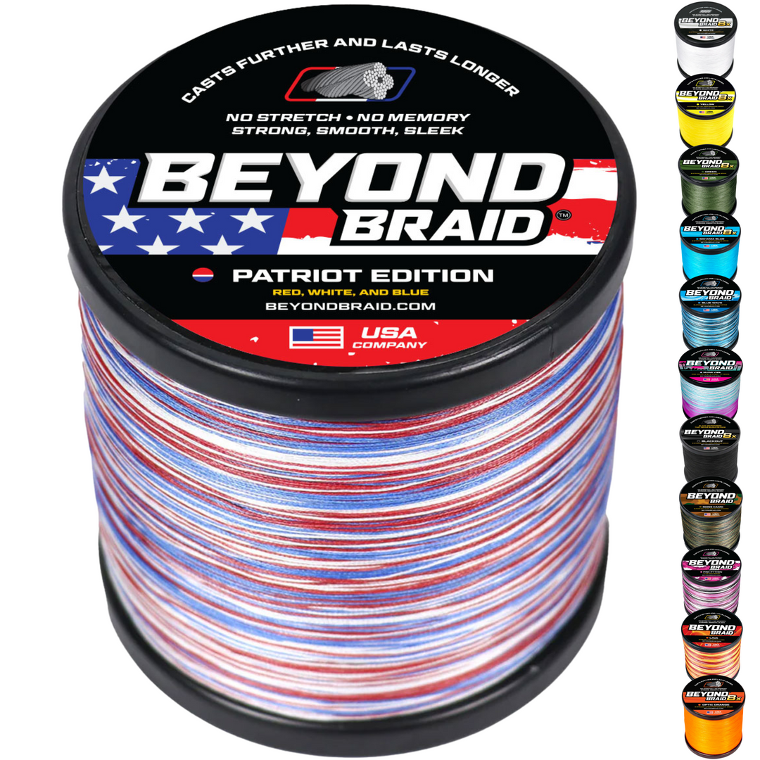 Beyond Braid Patriot Edition fishing line in red, white, and blue, 300 yards, 10 lb test, shown coiled on a spool.