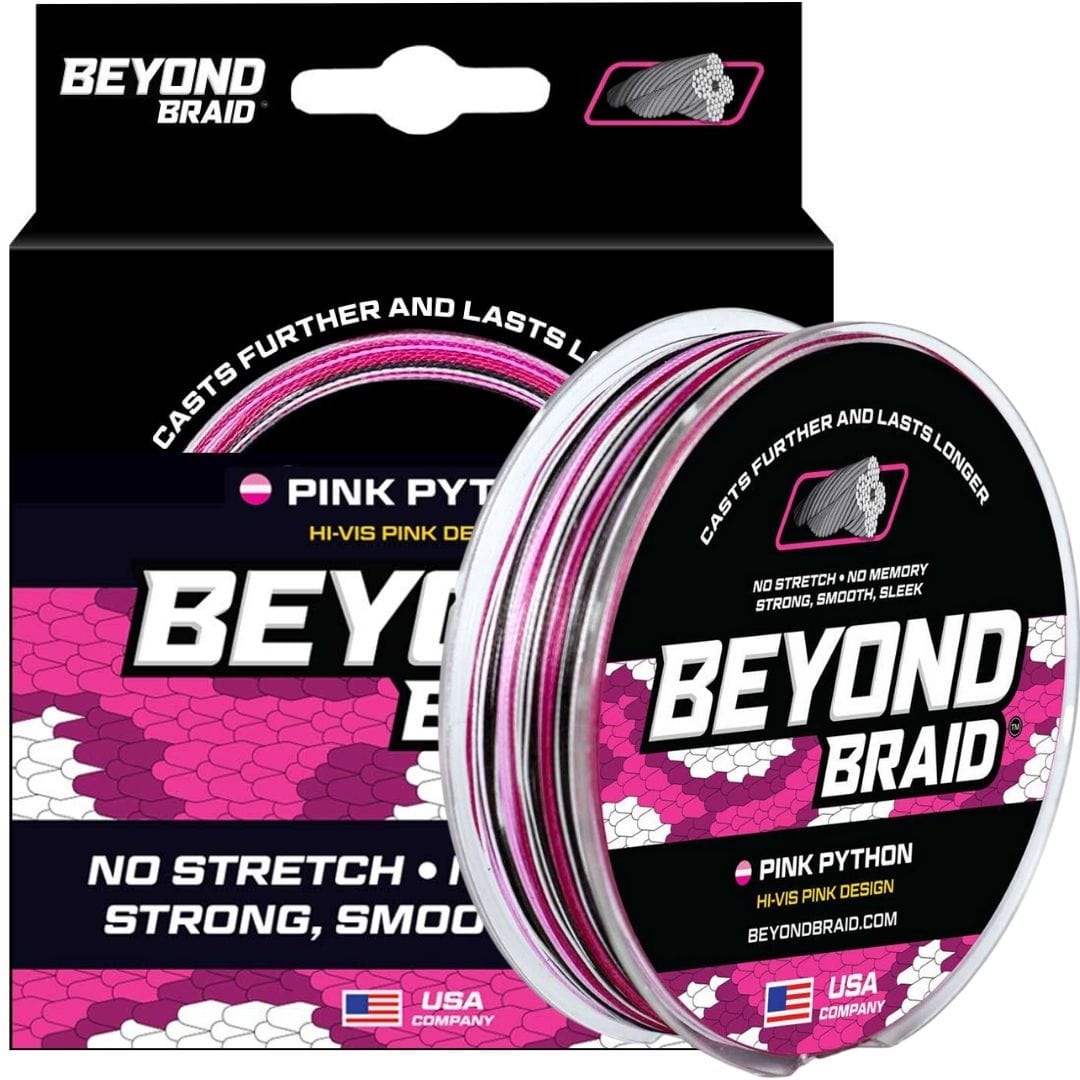 Pink Python Hi-Vis Braid from Beyond Braid, 300-yard spool, 10lb test, bright pink braided fishing line visible on spool