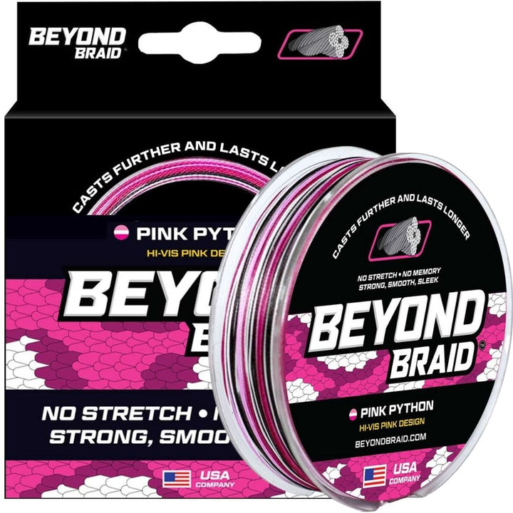 Pink Python Hi-Vis Braid from Beyond Braid, 300-yard spool, 10lb test, bright pink braided fishing line visible on spool