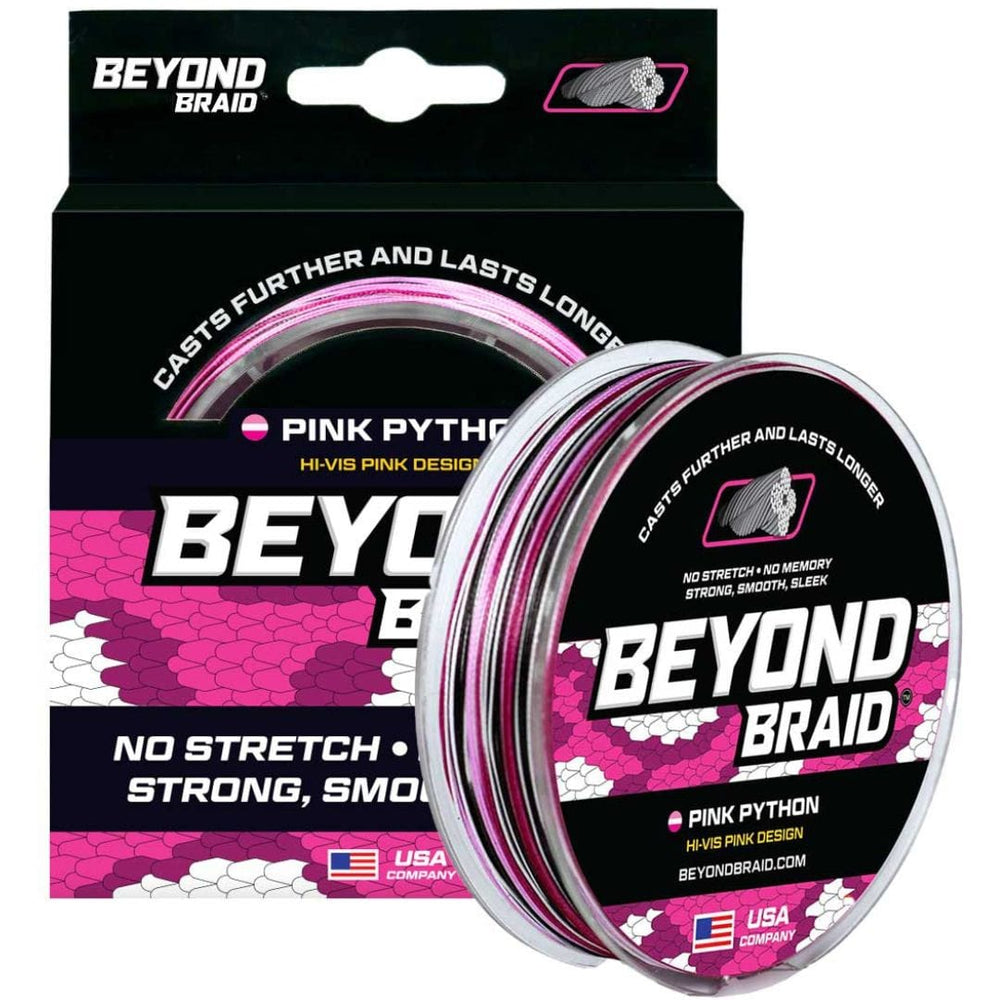 Pink Python Hi-Vis Braid by Beyond Braid, 300 yards, 10lb test, showing vibrant pink braided fishing line.