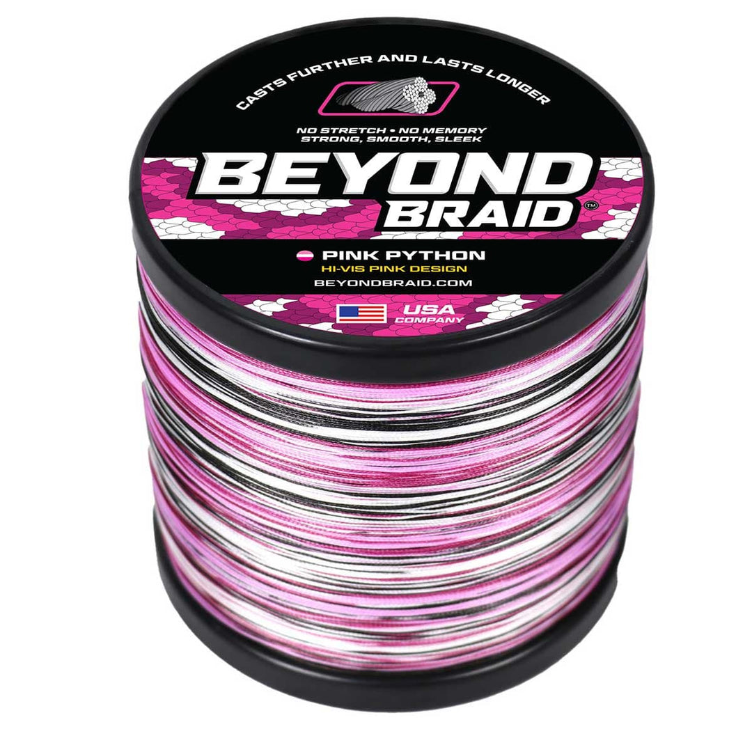 Pink Python Hi-Vis Braid by Beyond Braid, 10lb test, 300 yards of bright, high-visibility braided fishing line.
