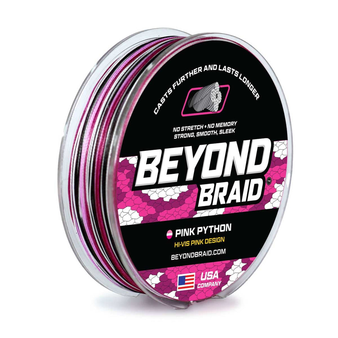 Pink Python Hi-Vis Braid by Beyond Braid, 300 yards, 10lb test, bright pink fishing line with high visibility and braid texture.