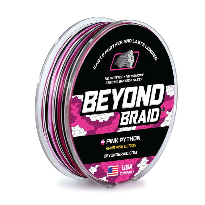 Pink Python Hi-Vis Braid by Beyond Braid, 300 yards, 10lb test, bright pink fishing line with high visibility and braid texture.