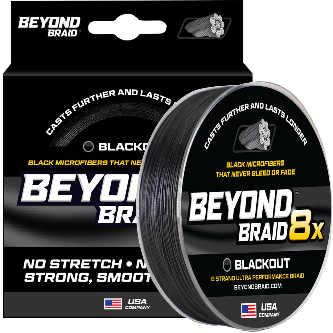 Beyond Braid Blackout 8X No Fade Braid, 8-strand ultra performance fishing line in black, 300 yards, 8 lb test.