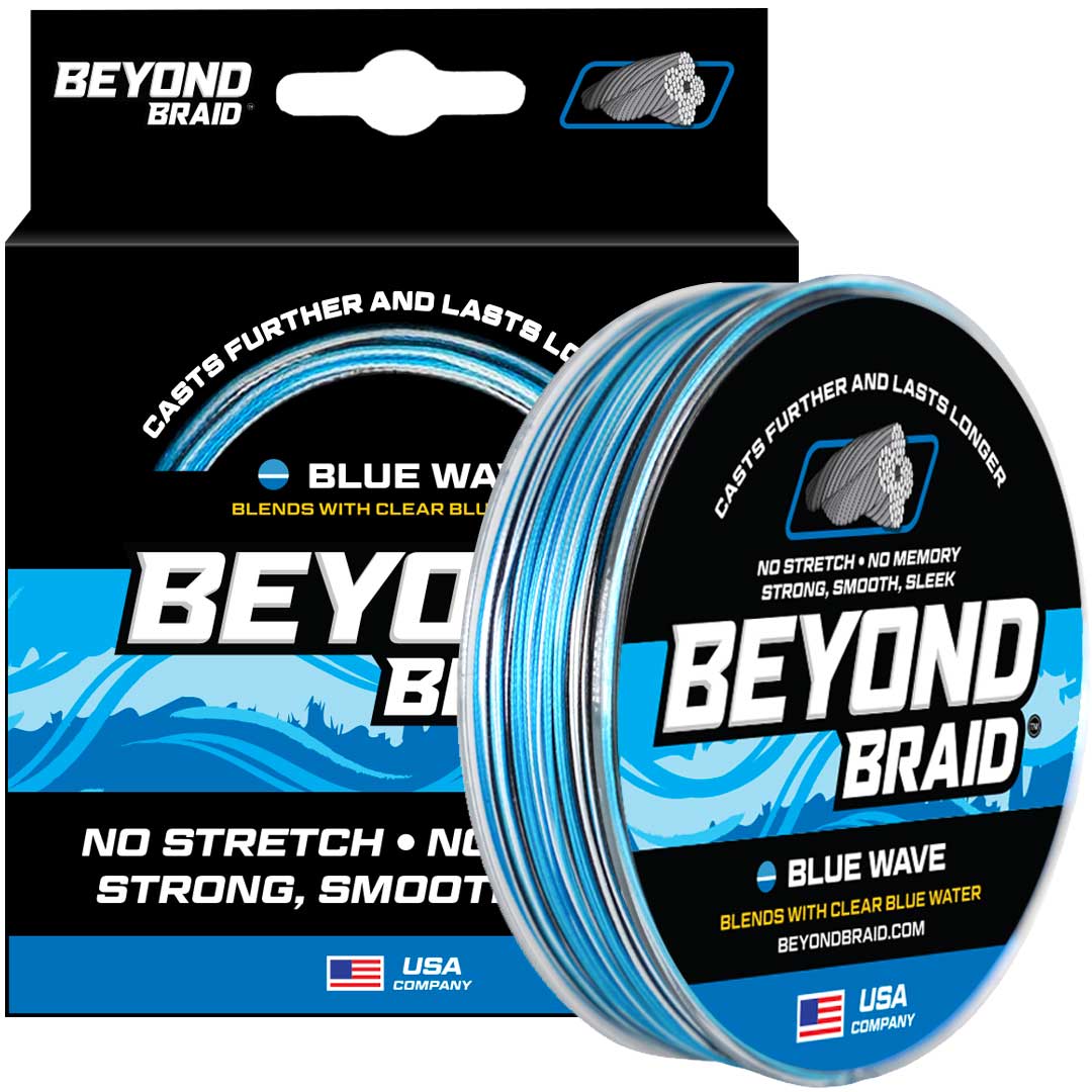 Blue Wave 300-yard spool of Beyond Braid fishing line in 8lb test, showing vibrant blue color and spool detail.