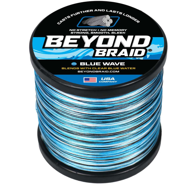 Blue Wave fishing line spool by Beyond Braid, 8lb test, 300 yards, with blue color, suitable for fishing and outdoor activities.