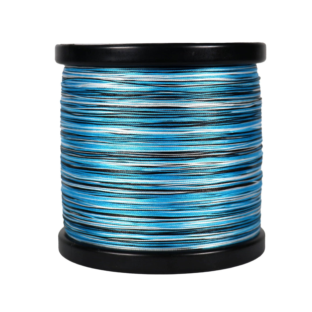 Blue Wave spools of Beyond Braid fishing line in 300 yards, 8lb test, with blue-colored line on spools for fishing.