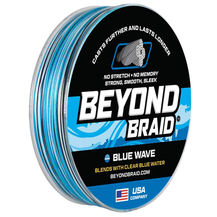 Blue Wave 300-yard spool of Beyond Braid fishing line, 8lb test, in vibrant blue color, on a spool suitable for fishing.