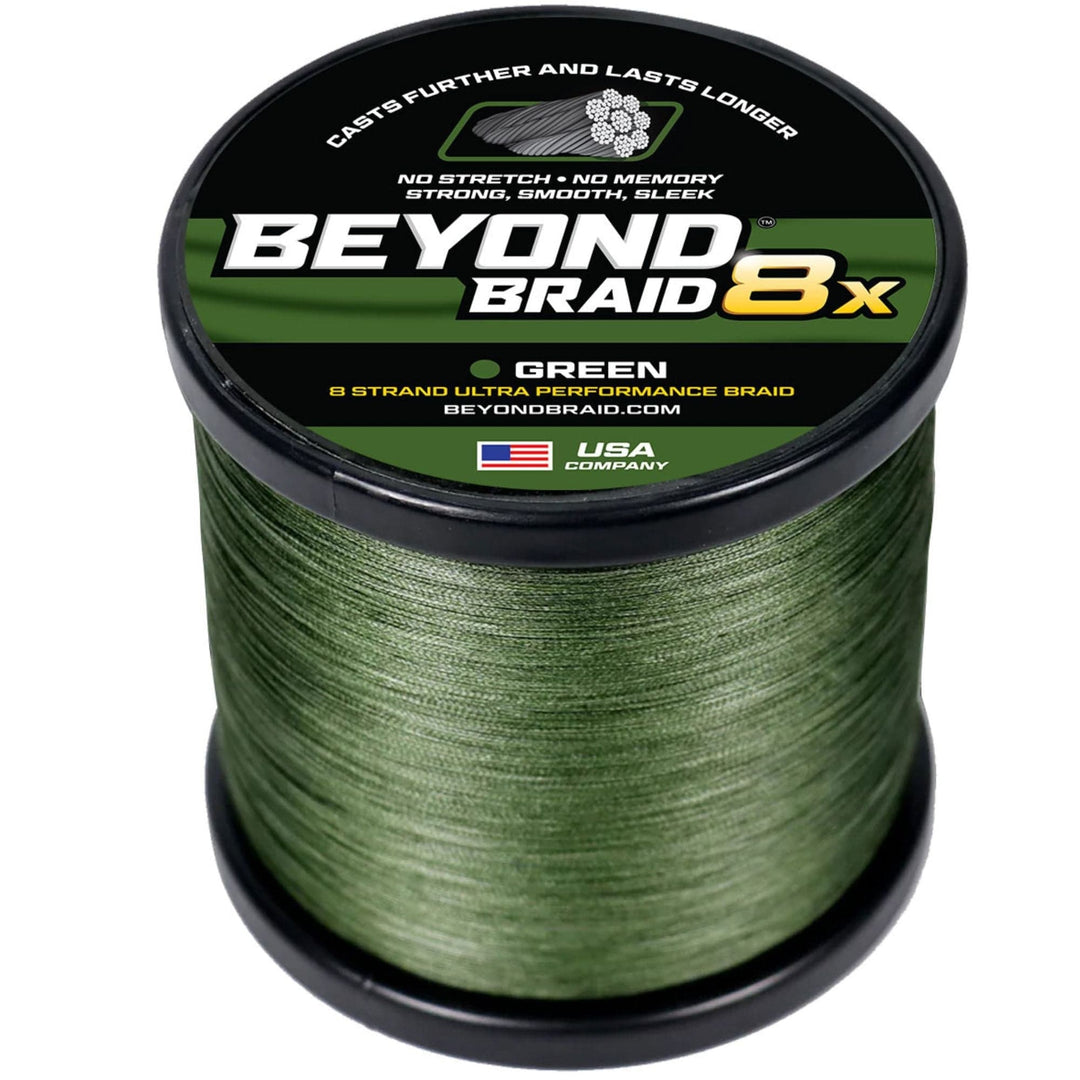 Green 8-strand braided fishing line by Beyond Braid, 300 yards, 8lb, high-performance, super sleek and smooth for saltwater and freshwater.