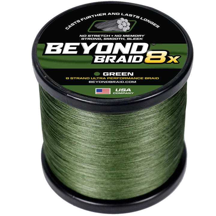Green 8-strand braided fishing line by Beyond Braid, 300 yards, 8lb, high-performance, super sleek and smooth for saltwater and freshwater.