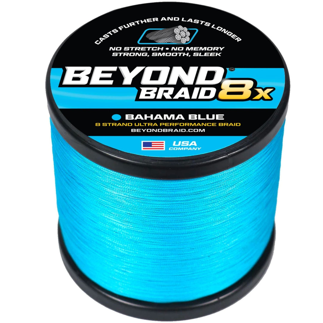 Beyond Braid 8-strand green braided fishing line, 300 yards, 8lb test, super sleek and smooth for saltwater and freshwater fishing.