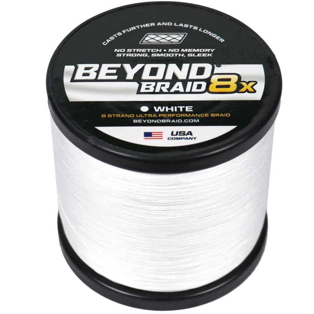 Green 8-strand braided fishing line by Beyond Braid, 300 yards, 8lb test, super sleek and smooth for saltwater and freshwater fishing.