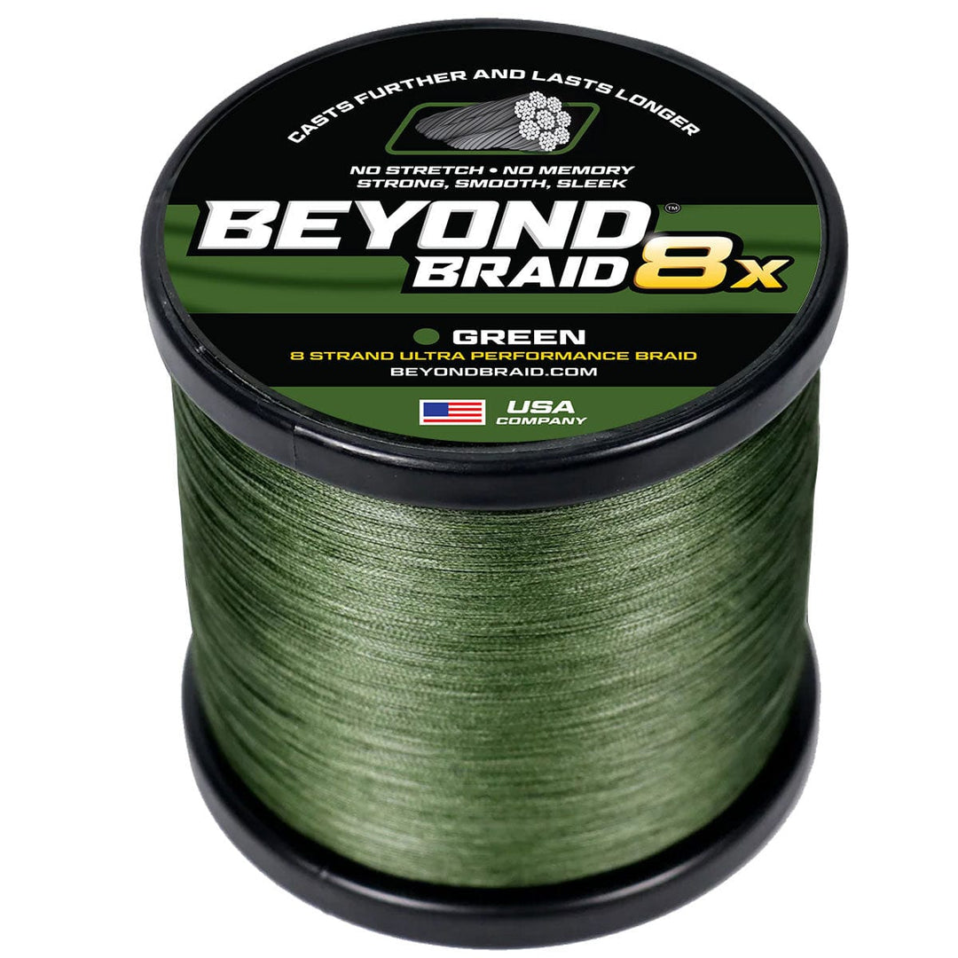 Green Beyond Braid 8X Ultra Performance 8 Strand fishing line spool with 300 yards, 8lb test strength.
