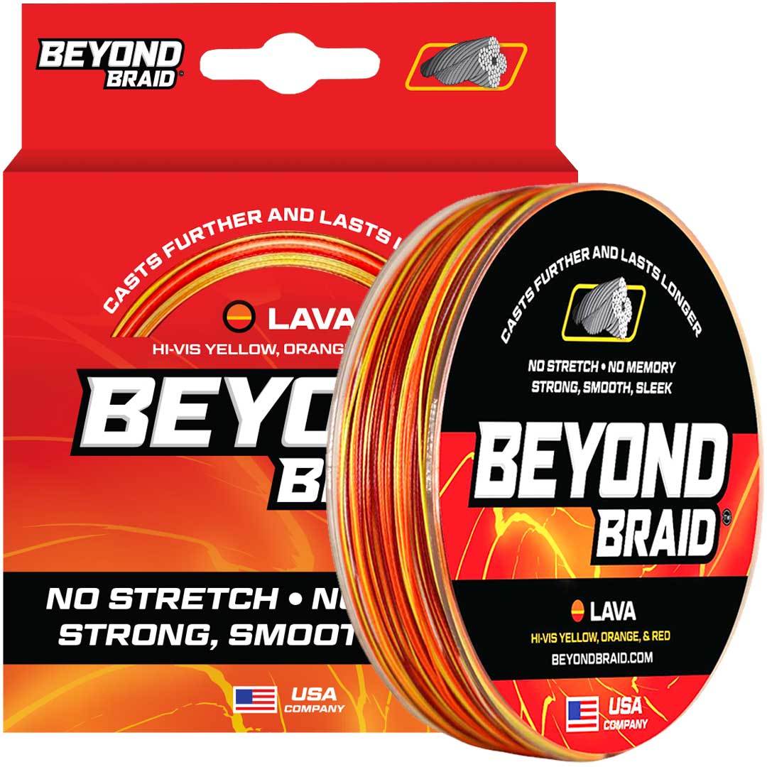 Beyond Braid Lava fishing line in red, orange, and yellow colors, displayed in a spool with 300 yards length and 8lb strength.