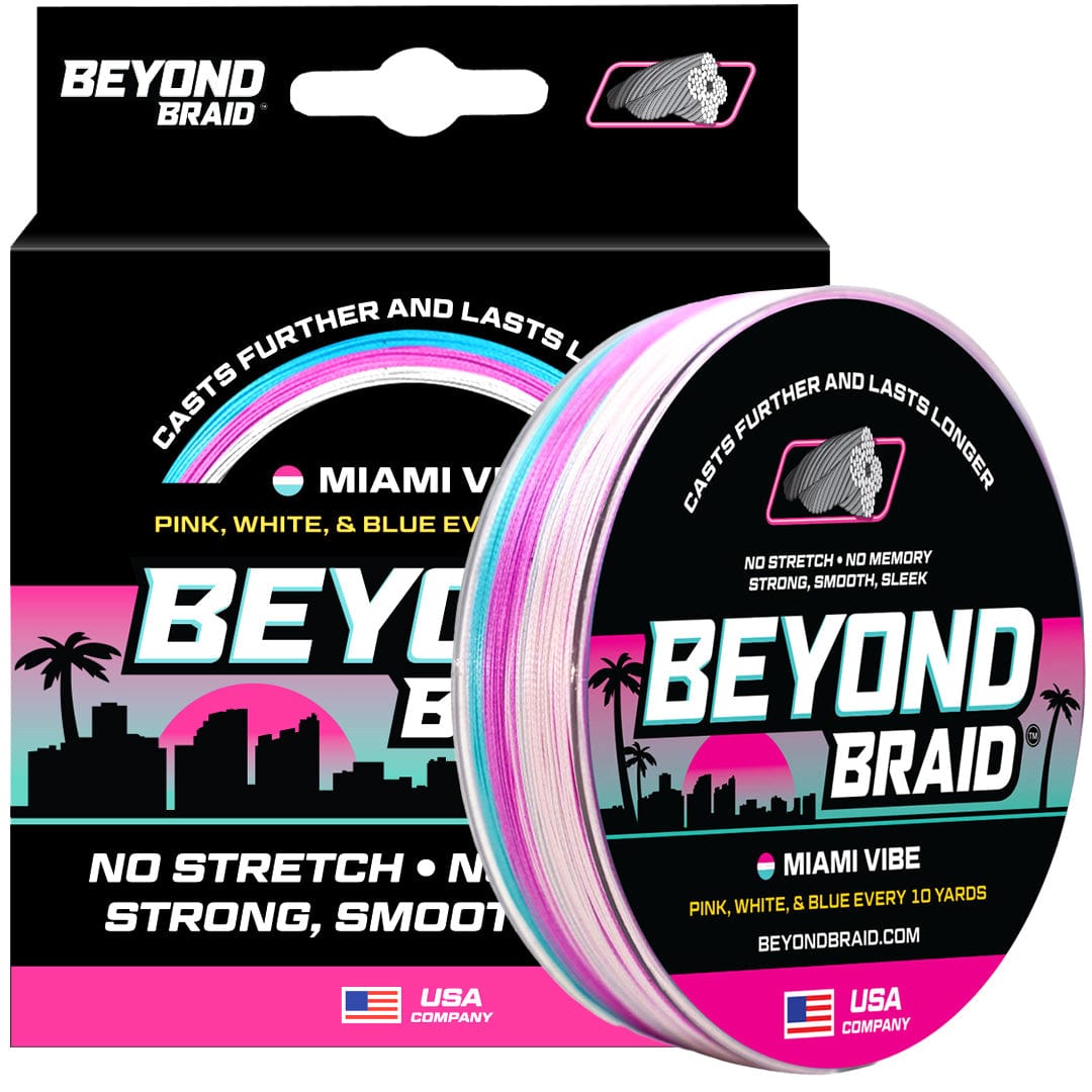 Beyond Braid Miami Vibe fishing line in pink, white, and blue, 300 yards, 8lb strength, showcasing vibrant, colorful spool.