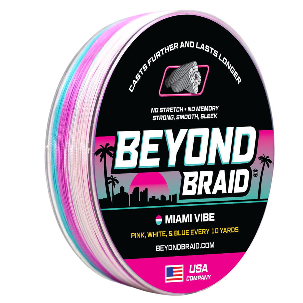 Beyond Braid Miami Vibe fishing line in pink, white, and blue, 300 yards, 8 lb test, shown coiled and ready for use.