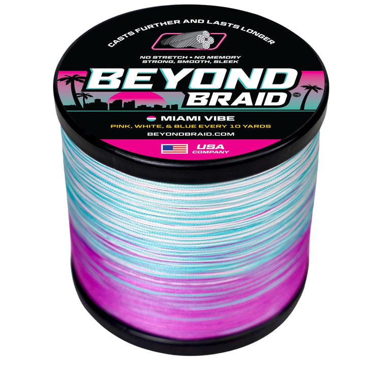 Beyond Braid Miami Vibe fishing line in pink, white, and blue, 300 yards, 8 lb test, with colorful braided design.