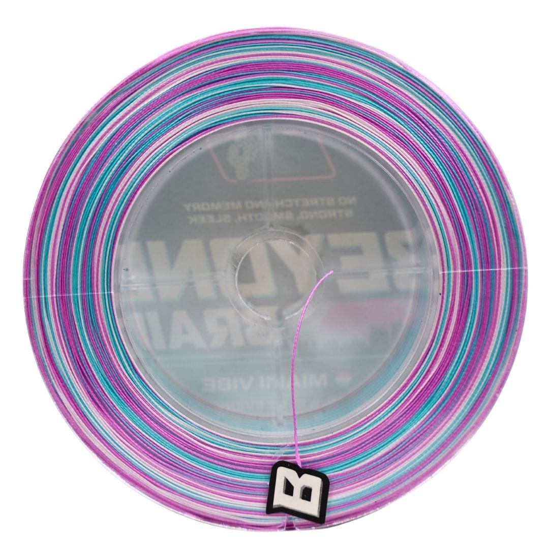 Beyond Braid Miami Vibe fishing line in pink, white, and blue, 8lb strength, 300 yards, displayed in the image.