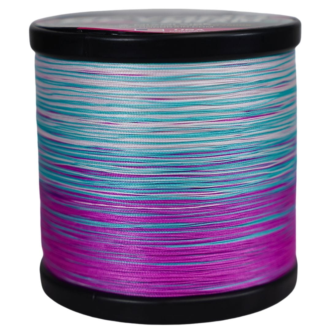 Beyond Braid Miami Vibe fishing line in pink, white, and blue, 300 yards, 8lb test, with colorful braided design.