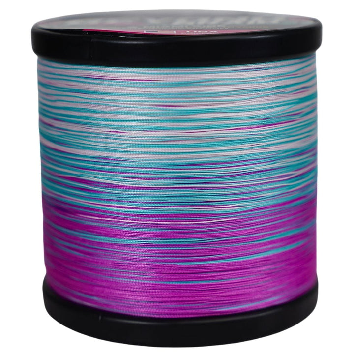 Beyond Braid Miami Vibe fishing line in pink, white, and blue, 300 yards, 8lb test, with colorful braided design.