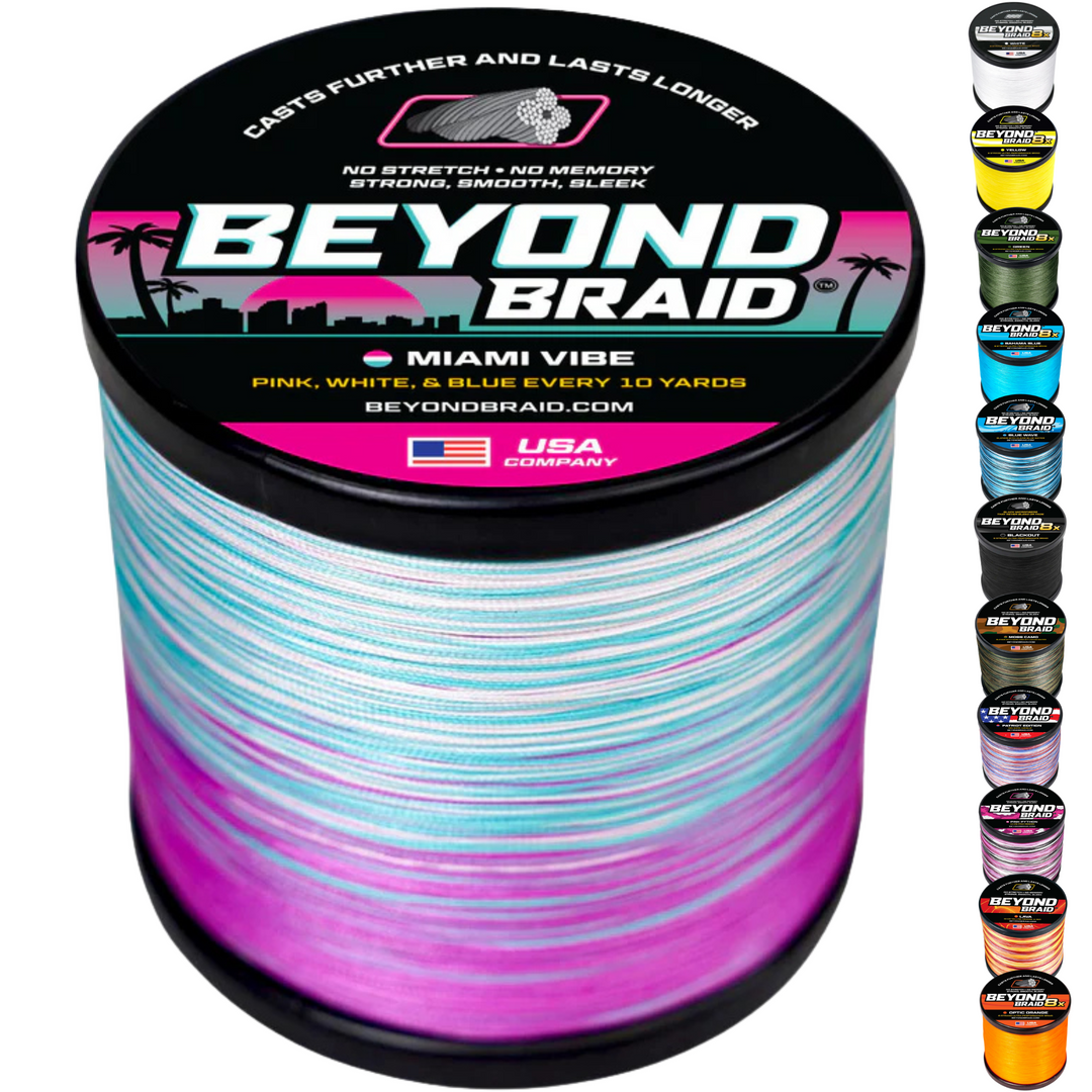 Beyond Braid Miami Vibe fishing line in pink, white, and blue, 300 yards, 8 lb test, showing the colorful braided nylon spool.